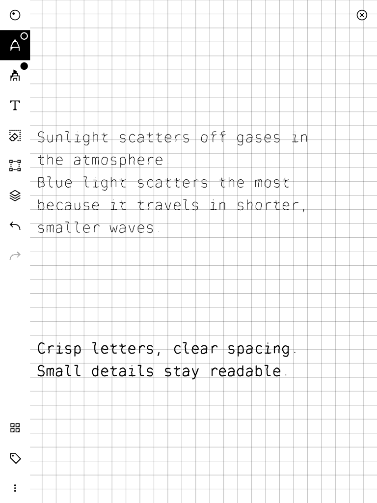 Actual reMarkable screen showing a sky explanation in thin lettering, followed by the improved darker sample: Crisp letters, clear spacing. Small details stay readable.